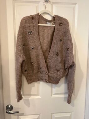 Beaded Mohair-Blend Cropped Cardigan with Jewel Embellishments